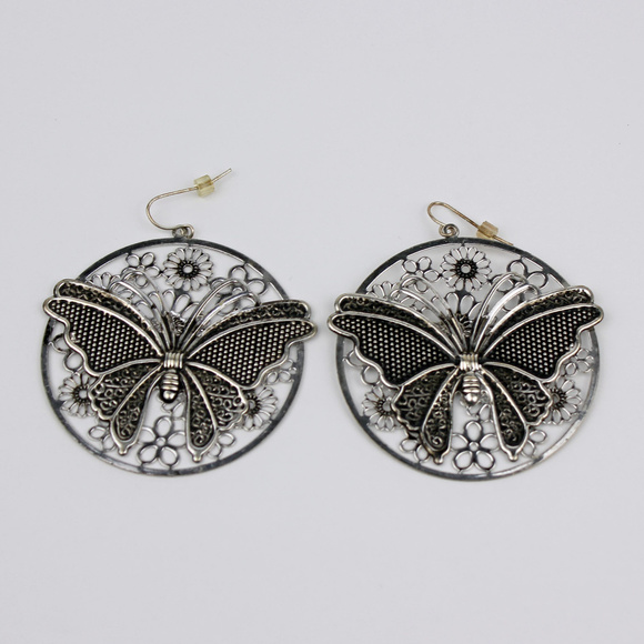 Jewelry - Large Boho Butterfly Silver Tone Earrings NEW